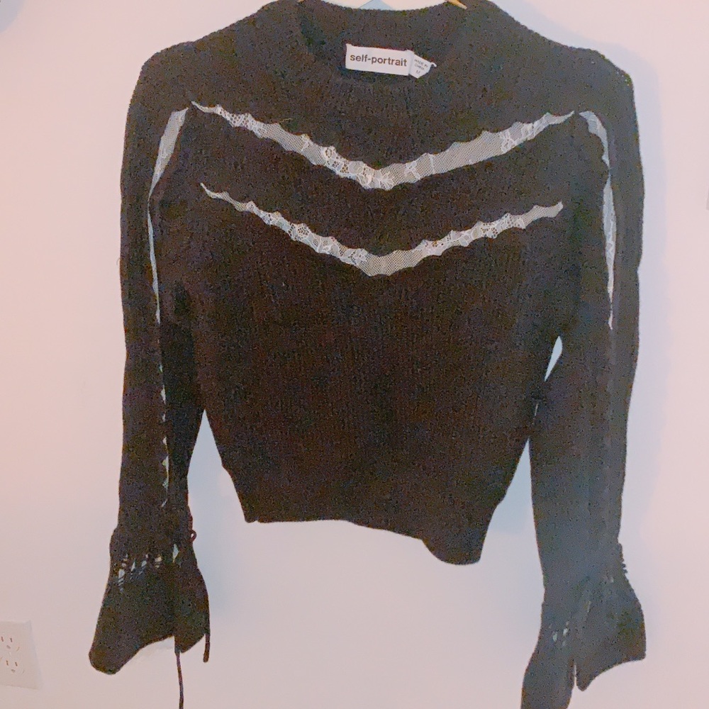 Self-portrait navy sweater with lace details